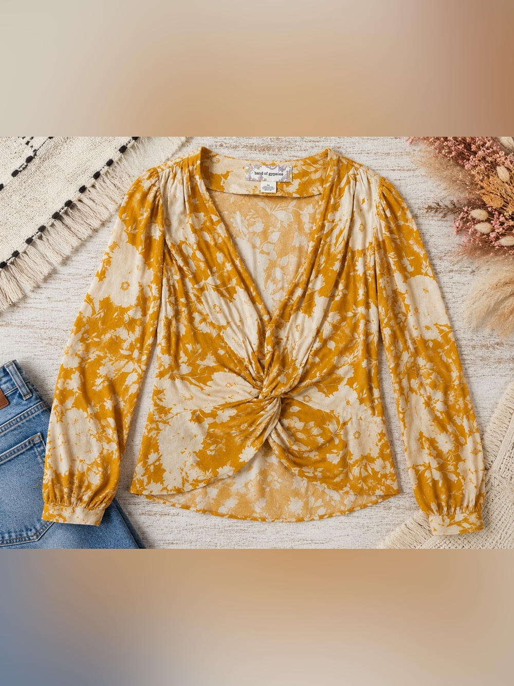 Revolve• Band of Gypsies Chrysanthemum Tie Front Top Mustard Floral Boho XS